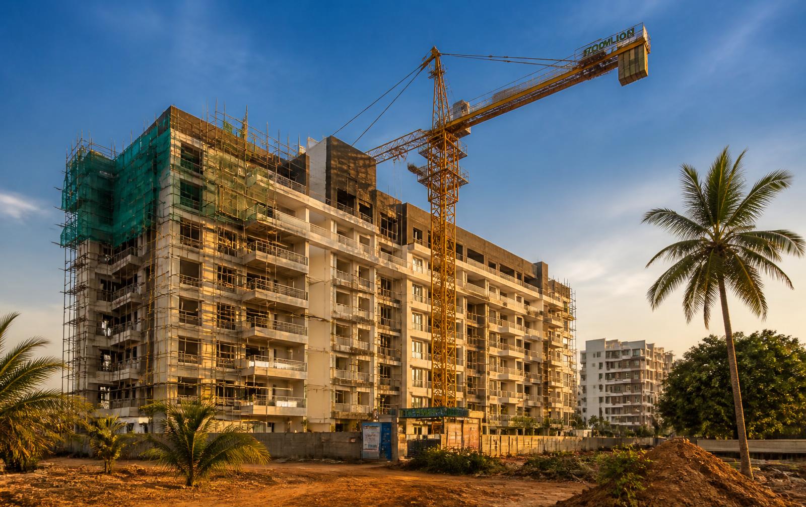 Multi-storey residential building under construction in Accra at golden hour