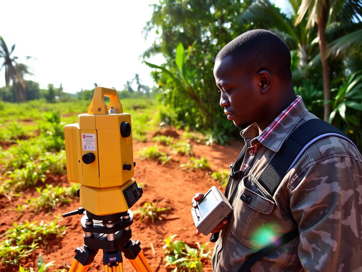 Surveyor taking measurements on a plot of land in Ghana